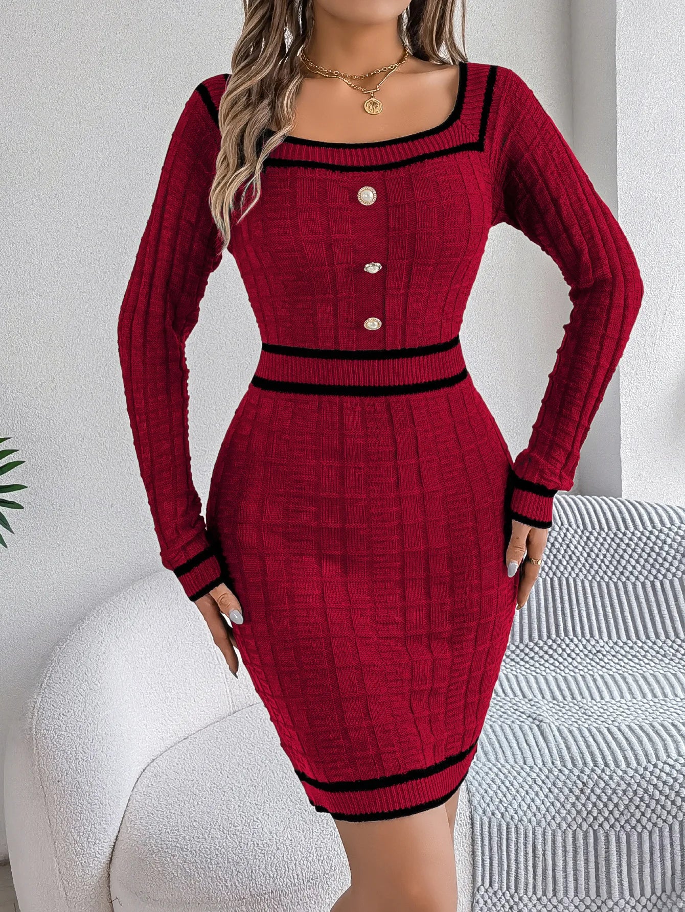 VigoCasey 2023 Frauen Blau Bodycon Strickkleid Herbst Winter Casual Langarm Kleid Dame Casual Square Neck Gestrickte Kleider